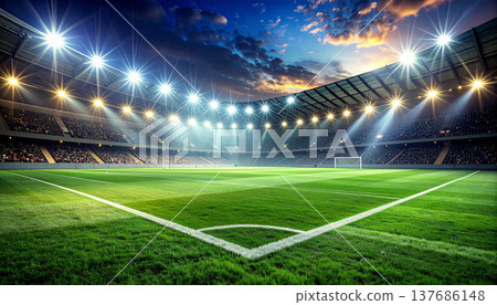 Night Football Stadium Arena with Bright Floodlights Night Football Stadium Arena with Bright Floodlights 137686148