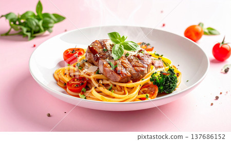 Spaghetti Pasta with Grilled Meat and Vegetables 137686152