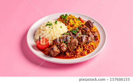 Meatball Rice Plate with Fresh Garnish Meatball Rice Plate with Fresh Garnish 137686155