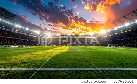 Soccer Stadium with Fiery Dramatic Sky Background Soccer Stadium with Fiery Dramatic Sky Background 137686161