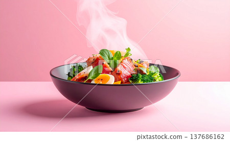 Fresh Fruit Dessert Bowl with Steam on Pink Background Fresh Fruit Dessert Bowl with Steam on Pink Background 137686162