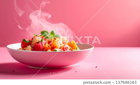 Fresh Fruit Dessert Bowl with Steam on Pink Background 137686163