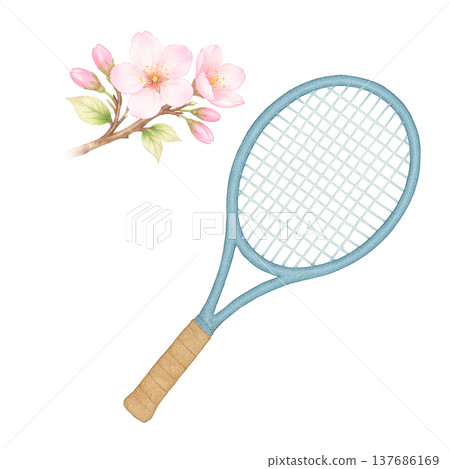櫻花與網球拍的水彩插畫（運動相關素材） 137686169