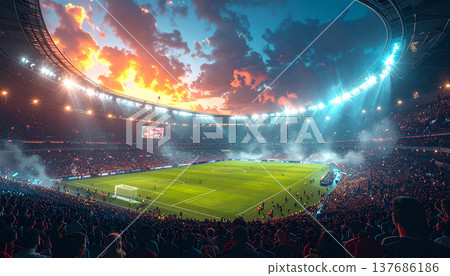 Championship Soccer Stadium with Dramatic Sunset Sky 137686186