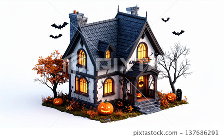 Spooky Halloween Haunted House Illustration with Pumpkins and Bats 137686291