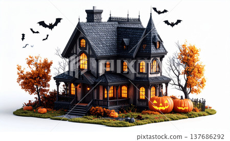 Spooky Halloween Haunted House Illustration with Pumpkins and Bats 137686292