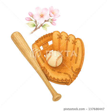 櫻花、棒球手套和球棒的水彩插圖。棒球運動相關素材。 137686447