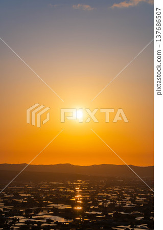 【初夏絕景】礪波平原的夕陽與初夏散落的村落以及稻田的倒影【富山縣】 【初夏絕景】礪波平原的夕陽與初夏散落的村落以及稻田的倒影【富山縣】 137686507