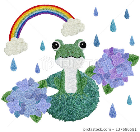 [Frog, Hydrangea, and Rainbow] Hand-embroidered illustration material 137686581