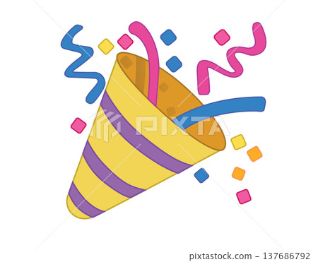 Exploding party popper flat icon with colorful confetti and streamers for celebration Exploding party popper flat icon with colorful confetti and streamers for celebration 137686792