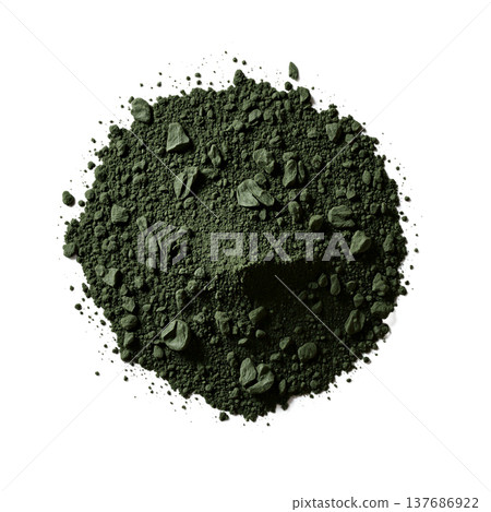 Spirulina powder superfood dark green pile of natural health supplement isolated on a transparent background for wellness designs 137686922