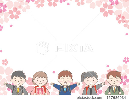 Elementary school student with backpack and cherry blossom frame; entrance ceremony Elementary school student with backpack and cherry blossom frame; entrance ceremony 137686984