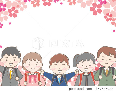 Elementary school student with backpack and cherry blossom frame; entrance ceremony Elementary school student with backpack and cherry blossom frame; entrance ceremony 137686988