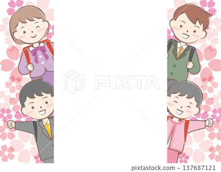 Elementary school student with backpack and cherry blossom frame; entrance ceremony Elementary school student with backpack and cherry blossom frame; entrance ceremony 137687121