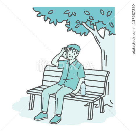 一幅插圖描繪了一位老人（爺爺）在樹蔭下的長椅上休息納涼。 137687220