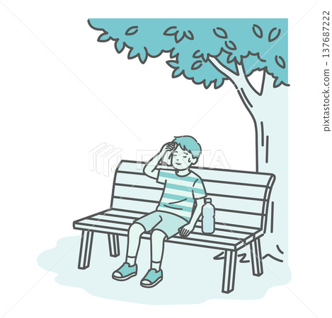 An illustration of a boy (child) resting and cooling off on a bench in the shade of a tree. 137687222