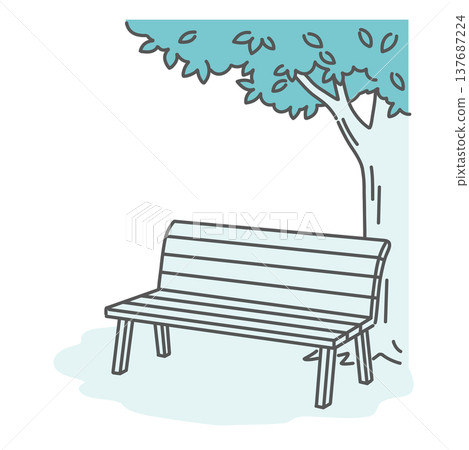 An illustration of an empty bench in the shade of a tree (background/compositing material) 137687224
