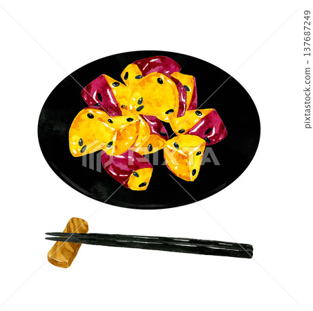 Candied sweet potatoes served on a plate - hand-drawn watercolor illustration material 137687249