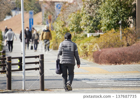 冬日清晨,人們在城市居民區步行上班。 冬日清晨,人們在城市居民區步行上班。 137687735
