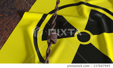 Radioactive Hazard Sign Behind Rusty Barbed Wire Fence 3d render. Radioactive Hazard Sign Behind Rusty Barbed Wire Fence 3d render. 137687945