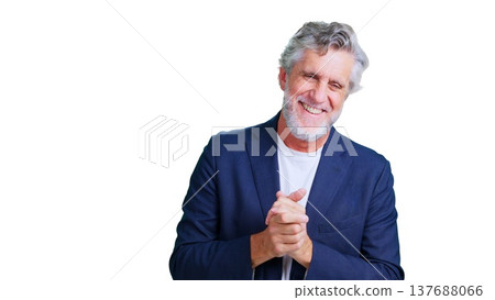 Senior man smiling, clapping hands, expressing gratitude, transparent background 137688066