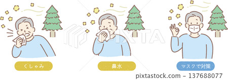 花粉症症狀(打噴嚏、流鼻水):如何戴口罩應對-圖解指引-老年男性 花粉症症狀(打噴嚏、流鼻水):如何戴口罩應對-圖解指引-老年男性 137688077