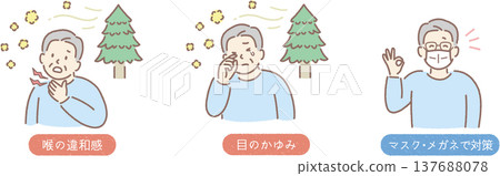 Hay fever symptoms (itchy eyes, sore throat): How to manage them with glasses and a mask - illustrated guide for elderly men Hay fever symptoms (itchy eyes, sore throat): How to manage them with glasses and a mask - illustrated guide for elderly men 137688078
