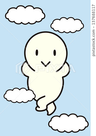 一個簡單的人物仰躺著，雙腿交叉，雙手放在頭上，凝視著天空，心情愉悅，背景是藍色的。 137688117