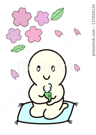 春天，櫻花盛開，一位身著樸素服飾的女子坐在墊子上喝茶。 137688120