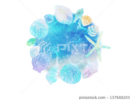 水彩畫描繪了被貝殼環繞的大海 137688203