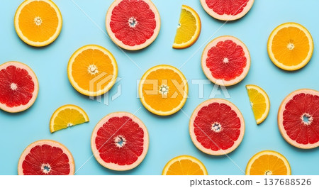 High resolution flat lay of sliced oranges and grapefruits in circular pattern on pastel blue background with crisp edges, ultra detailed textures, natural lighting, noise free, no blur 137688526