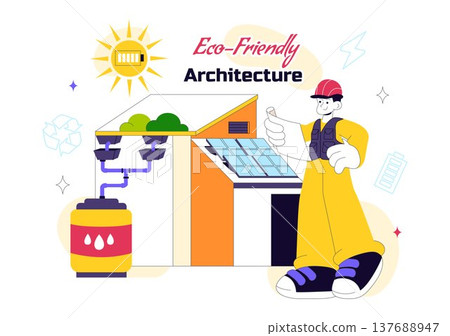 Eco Friendly Architecture Vector Illustration with Sustainable House Solar Panels Wind Energy Green Building Concept and Renewable Technology Design 137688947