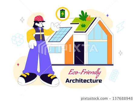 Eco Friendly Architecture Vector Illustration with Sustainable House Solar Panels Wind Energy Green Building Concept and Renewable Technology Design 137688948
