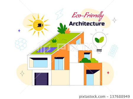 Eco Friendly Architecture Vector Illustration with Sustainable House Solar Panels Wind Energy Green Building Concept and Renewable Technology Design 137688949