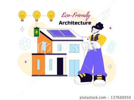 Eco Friendly Architecture Vector Illustration with Sustainable House Solar Panels Wind Energy Green Building Concept and Renewable Technology Design 137688950
