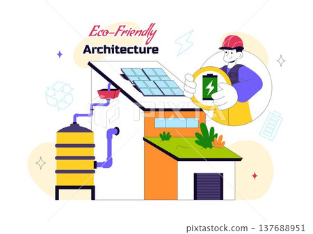 Eco Friendly Architecture Vector Illustration with Sustainable House Solar Panels Wind Energy Green Building Concept and Renewable Technology Design 137688951
