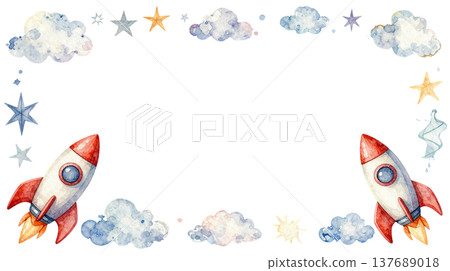 A cute watercolor illustration of a rocket and a star frame. 137689018