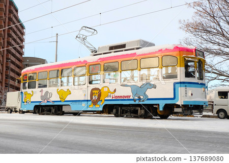Hiroshima Electric Railway train No. 1156 running across a snow bridge. Hiroshima Electric Railway train No. 1156 running across a snow bridge. 137689080