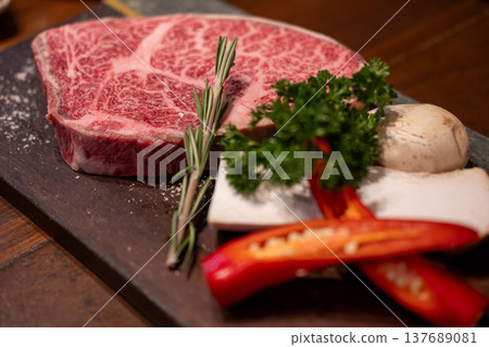 Wagyu ribeye beef on the plate with decoration 137689081
