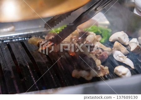 Hanwoo Beef Brisket, marbled Korean Style Meat on the Grill. BBQ rare meat with soft focus 137689130