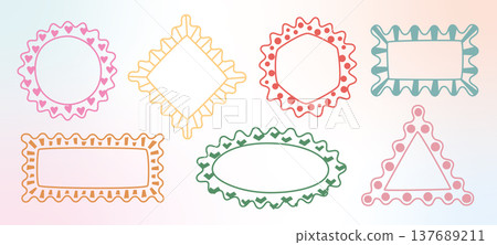 Bright color wavy edges geometric shapes, figures. Doodle kid y2k squiggle vector frames. Holiday stickers, simple ornamental designed outline boxes. 137689211