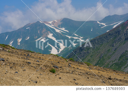 The mountain scenery of the Daisetsuzan Mountains as seen from the summit of Mt. Asahidake, one of Japan's 100 Famous Mountains. The mountain scenery of the Daisetsuzan Mountains as seen from the summit of Mt. Asahidake, one of Japan's 100 Famous Mountains. 137689303
