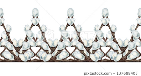 Spring seamless border with pussy willow branches. Watercolor botanical horizontal pattern for wedding invitations, Easter greeting cards, stationery, packaging, textile prints and seasonal decoration Spring seamless border with pussy willow branches. Watercolor botanical horizontal pattern for wedding invitations, Easter greeting cards, stationery, packaging, textile prints and seasonal decoration 137689403