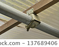 Close-up of a joint fitting (rafter clamp) used to secure scaffolding pipes and lumber. 137689406