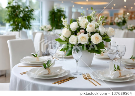 Elegant wedding reception table setting with flowers 137689564