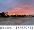 奈良平城宮遺址公園裡，美麗的夕陽西下，落日餘暉灑滿整個公園。 137689743