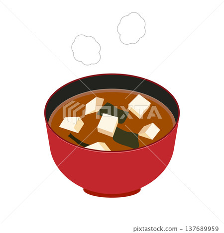 一碗味噌湯，裡面有豆腐和裙帶菜，湯底是紅色的味噌。 137689959