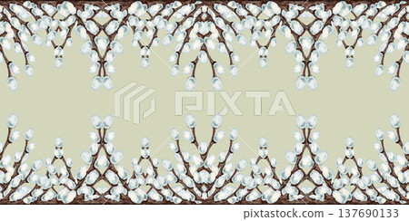 Spring botanical seamless border of pussy willow. Watercolor branches forming elegant top and bottom frame. Perfect for Easter greeting card, church publication, wedding invitation, stationery design Spring botanical seamless border of pussy willow. Watercolor branches forming elegant top and bottom frame. Perfect for Easter greeting card, church publication, wedding invitation, stationery design 137690133