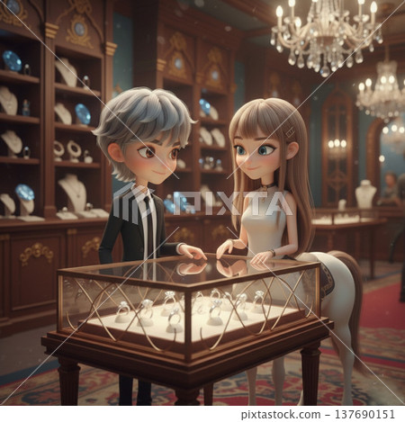 A fantasy scene of a centaur woman and a human young man choosing an engagement ring at a jewelry store. 137690151