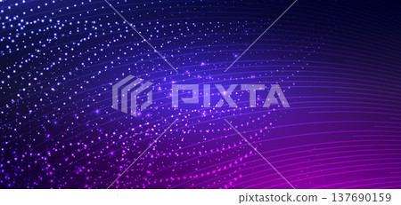 Abstract glowing particles and curved light lines futuristic purple technology background. 137690159
